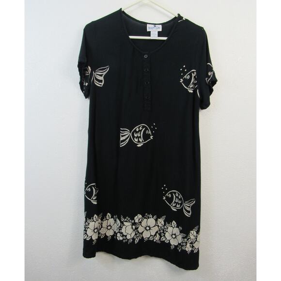 Desert Jems Medium Black White Fish Printed Dress Short Sleeves Mumu - Picture 1 of 5